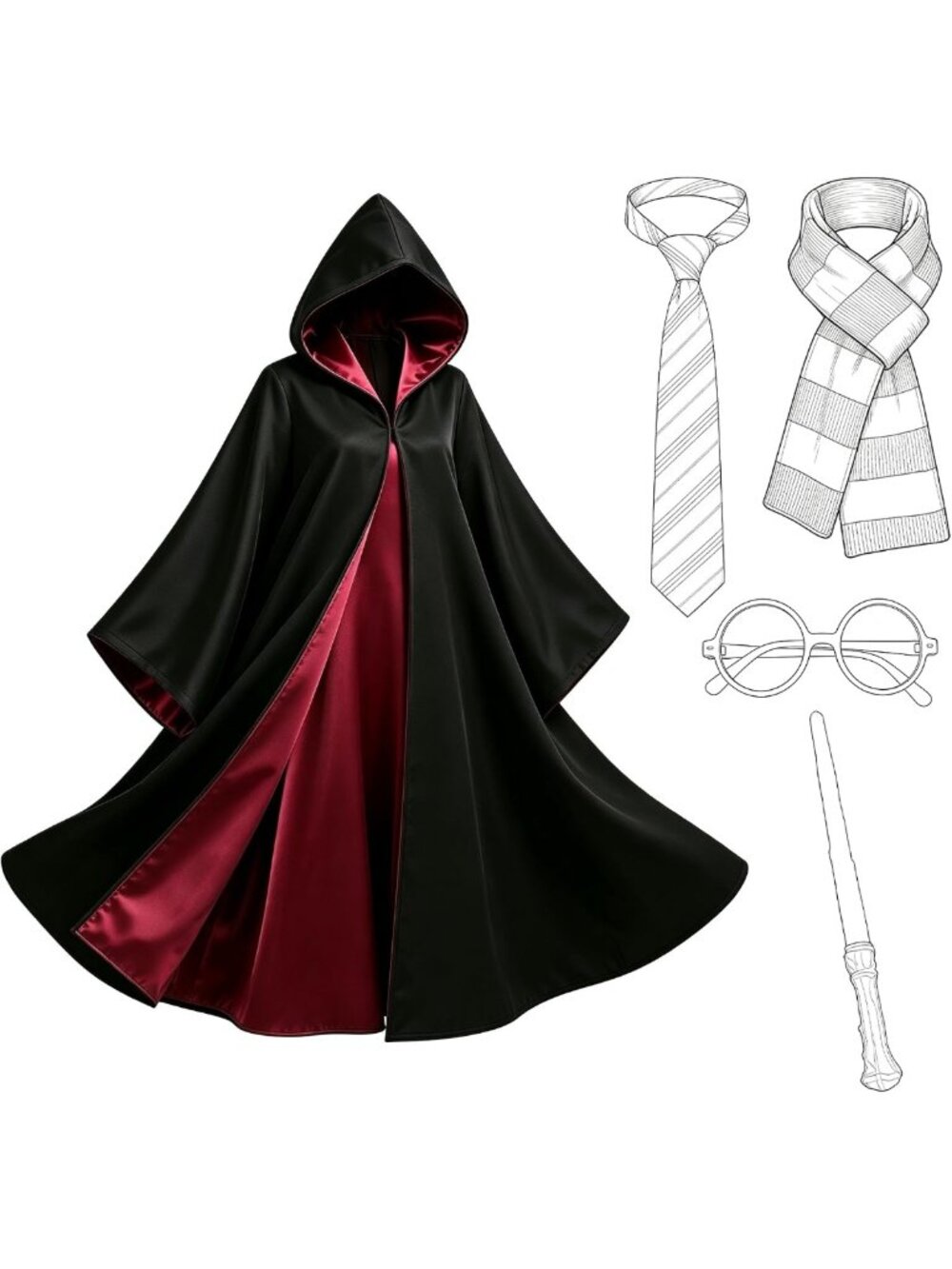 Hooded Wizard Cloak Set with Wand, Scarf, Tie & Glasses - Unisex Halloween